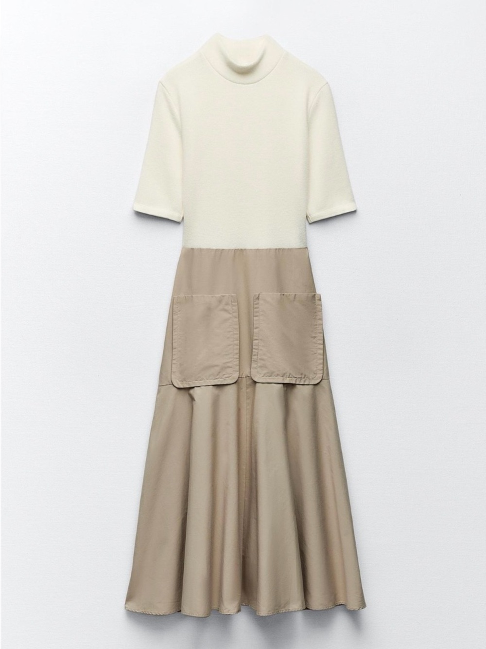 Zara Cream & Beige Short-Sleeve Mock-Neck Contrast Midi Dress with Front Pockets